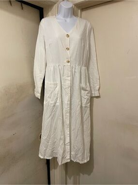 Women’s White Button Front Midi Dress Long Sleeve V-Neck Pocket Size L (See Pic)